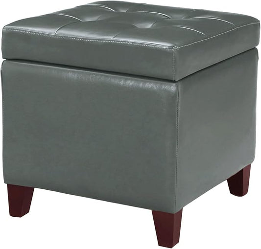 Adeco Bonded Leather Square Tufted Cubic Cube Footstool, 18" Height Storage Ottomans, with Lid, Cement Grey-CasaMuseHome