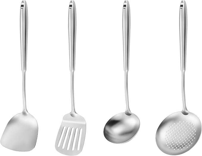 15" Wok Spatula and Ladle,Skimmer Spoon, Slotted Turner Spatula,304 Stainlss Steel Matte Kitchen Utensils Set,4PCS Wok Accessories,Cooking Utensils Tools-CasaMuseHome