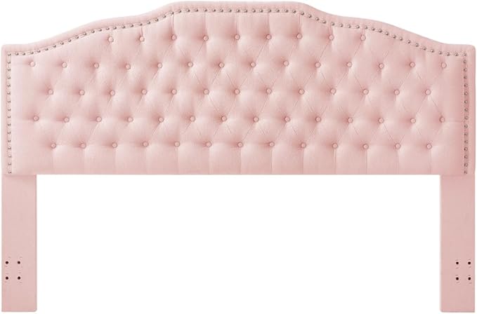 24KF Upholstered Button Tufted King Size Headboard with Nailhead Trim, Elegant Boucle Fabric California King headboard, 6031-K-Boucle-Pink-CasaMuseHome