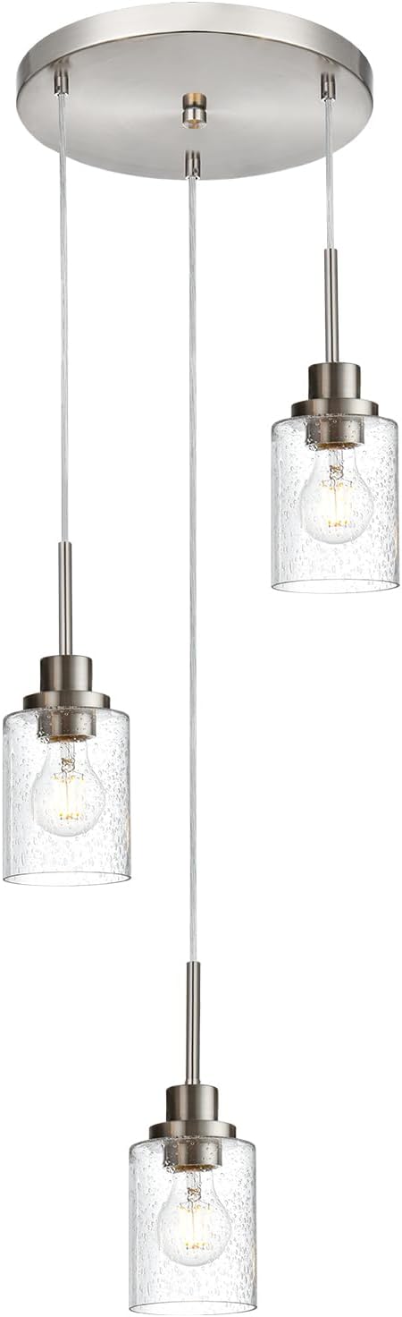 3-Light Contemporary Pendant Lighting with Clear Seeded Glass,Brushed Nickel Dining Room Chandelier Light Fixture Modern Kitchen Island Cluster Hanging Ceiling Pendant Lights for Sink Bar-CasaMuseHome