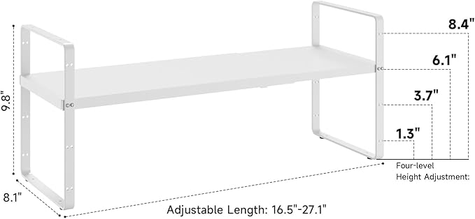 16.5~27.1" Expandable Shelf Organizer, 1Pack 8.1" Wide Stackable Cabinet Shelf Organizers, White Metal Sturdy Kitchen Counter Storage for Countertop, Adjustable Height Spice Rack-CasaMuseHome