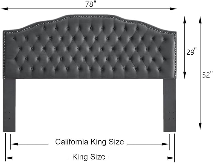 24KF Upholstered Button Tufted King Size Headboard with Nailhead Trim, Soft Velvet Fabric Headboard King/Cal King Size -Dark Gray-CasaMuseHome