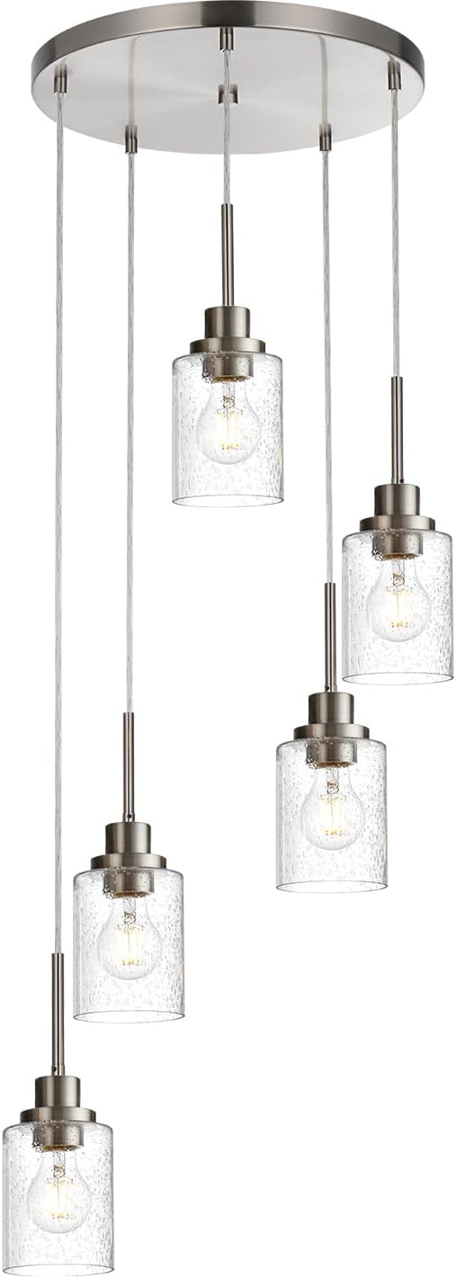 5 Light Farmhouse Pendant Lighting for Kitchen Island,Brushed Nickel Dining Room Cluster Pendant Light Fixtures Hanging Ceiling with Seeded Glass,Modern Pendant Light for Entrance Stairwell-CasaMuseHome