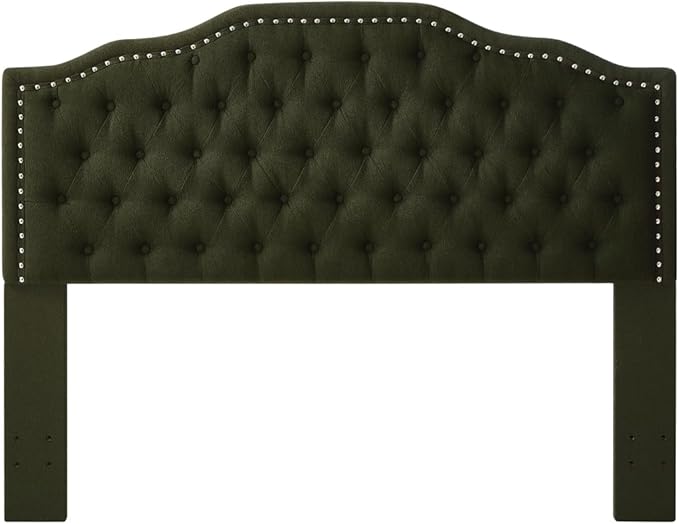 24KF Upholstered Button Tufted Queen Headboard with Nailhead Trim, Elegant Boucle Fabric Full headboard, 6031-Q-Boucle-Dark Green-CasaMuseHome