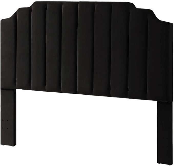 24KF Black Velvet Tufted King Upholstered Headboard, Modern Vertical Channel Design California King Headboard with Stepped Silhouette Top Edge,Black-CasaMuseHome