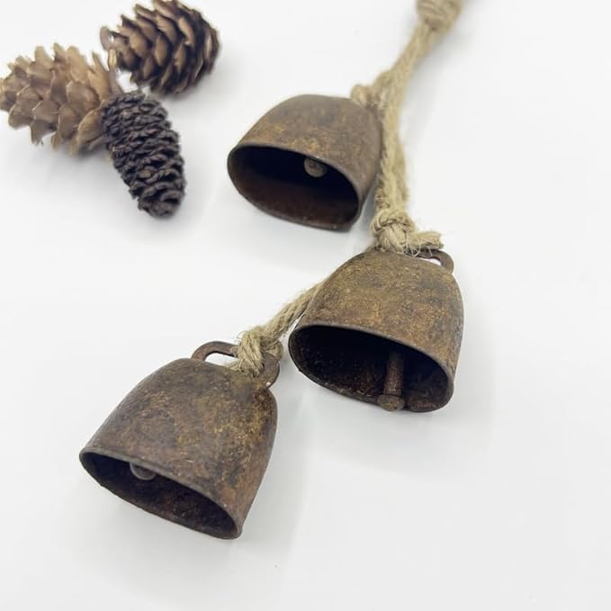 2pc Rustic Charm Bell - Handmade Hemp Rope Wind Chimes Hanging Decoration, Distressed Finish Cow Bell with Jute Hanging Rope, Perfect for Front Door, Outdoor, Window, and Home Decor,-CasaMuseHome