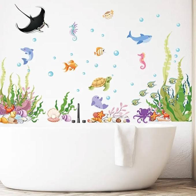 2 Sheets of 12x36 Inch Spring Summer Window Cling Sticker Fish, Plants, Aquatic Theme Window Stickers, Spring and Summer Decor, Home, Shop, Party Window, Glass, Wall Display Stickers (Aquatic Theme)-CasaMuseHome
