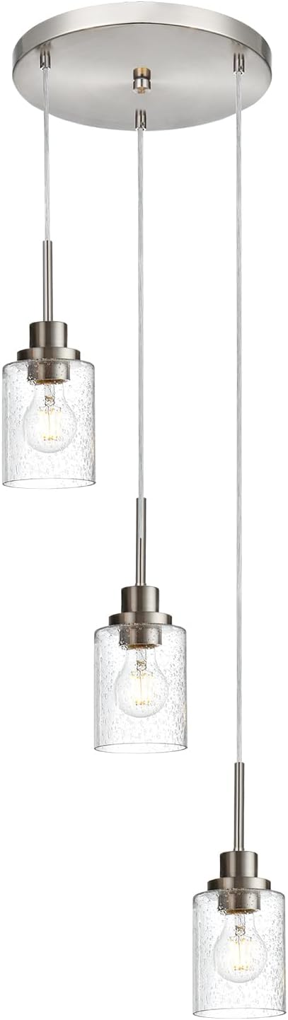 3-Light Contemporary Pendant Lighting with Clear Seeded Glass,Brushed Nickel Dining Room Chandelier Light Fixture Modern Kitchen Island Cluster Hanging Ceiling Pendant Lights for Sink Bar-CasaMuseHome
