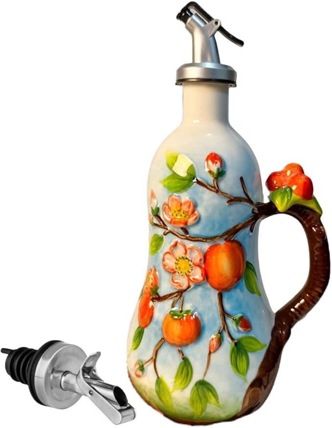 18.26oz/540ml Ceramics Olive Oil Dispenser Bottle,Hand Painted Reliefs Oil Dispenser for Kitchen,Oil Bottles for Kitchen (Persimmon)-CasaMuseHome