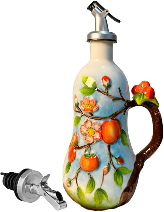 18.26oz/540ml Ceramics Olive Oil Dispenser Bottle,Hand Painted Reliefs Oil Dispenser for Kitchen,Oil Bottles for Kitchen (Persimmon)-CasaMuseHome