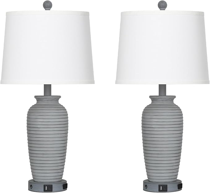 25" Farmhouse Jar Table Lamp Set of 2 Vintage Rustic Lamps for Living Room, Resin Bedside Nightstand Lamps with Linen Lampshades, Retro Pot Lamp for Living Room, Bedroom(LED Bulbs Included)-CasaMuseHome