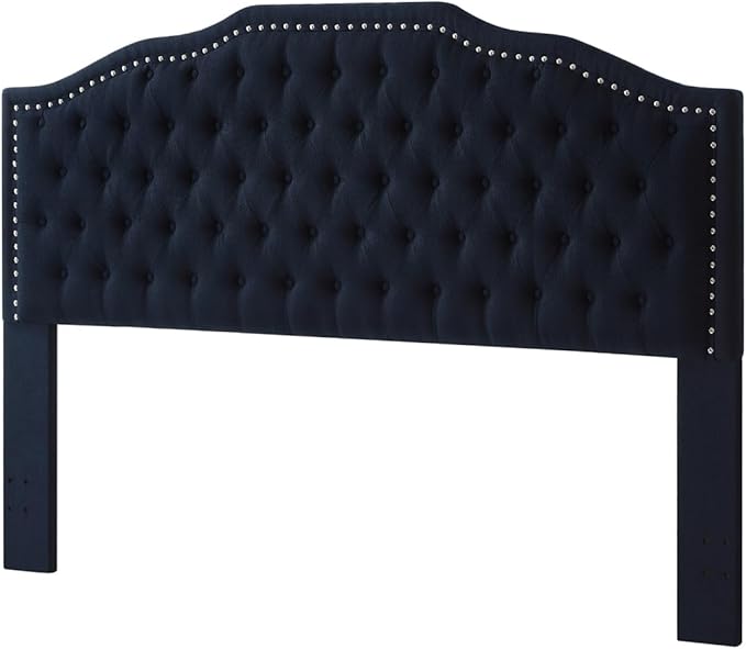 24KF Upholstered Button Tufted King Size Headboard with Nailhead Trim, Elegant Boucle Fabric California King headboard, 6031-K-Boucle-Navy-CasaMuseHome
