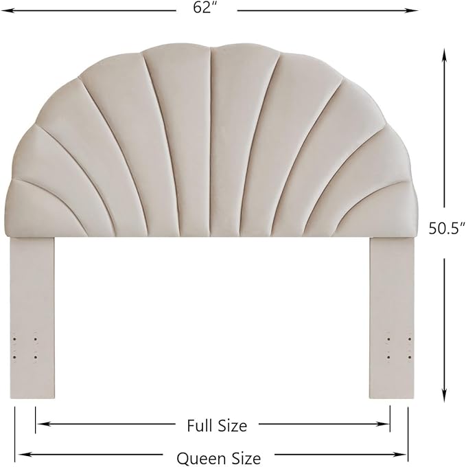 24KF Stunning Crown Design Queen Headboard, Upholstered Soft Velvet Petal Pattern Headboard Queen/Full-Beige-CasaMuseHome