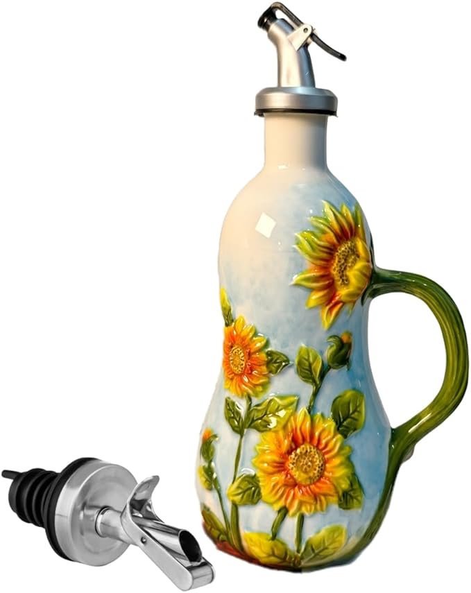 18.26oz/540ml Ceramics Olive Oil Dispenser Bottle,Hand Painted Reliefs Oil Dispenser for Kitchen,Oil Bottles for Kitchen (Sunflower)-CasaMuseHome