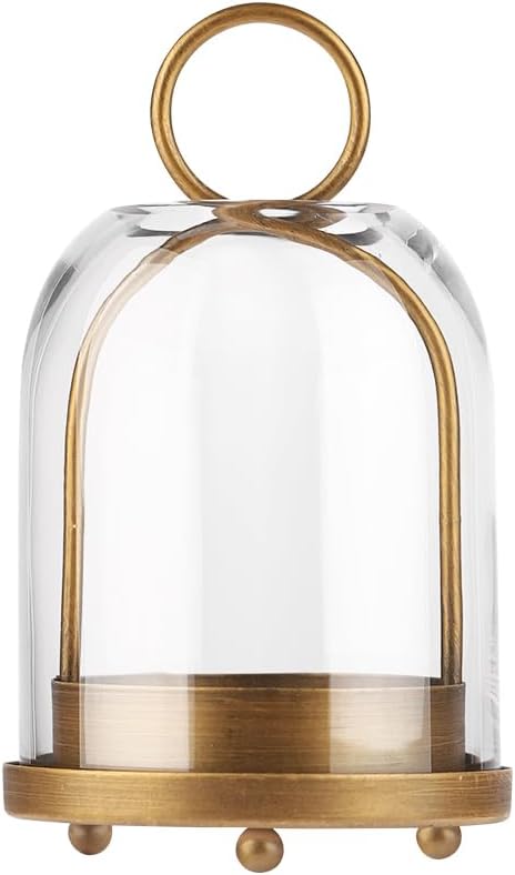 7.5" High Versatile Modern Metal Hurricane Lantern with Handmade Sturdy Glass Dome for 2" Pillar Candle & Plants (Brass, 4" x7.5)-CasaMuseHome
