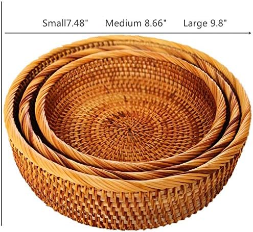 3 Pack Hadewoven Round Rattan Fruit Basket Wicker Food Tray Weaving Storage Holder Dinning Room Bowl, 10 Inch Small Wicker Basket Serving Tray Woven Basket for Bread,Snack,Brown(3-Size Kit)-CasaMuseHome