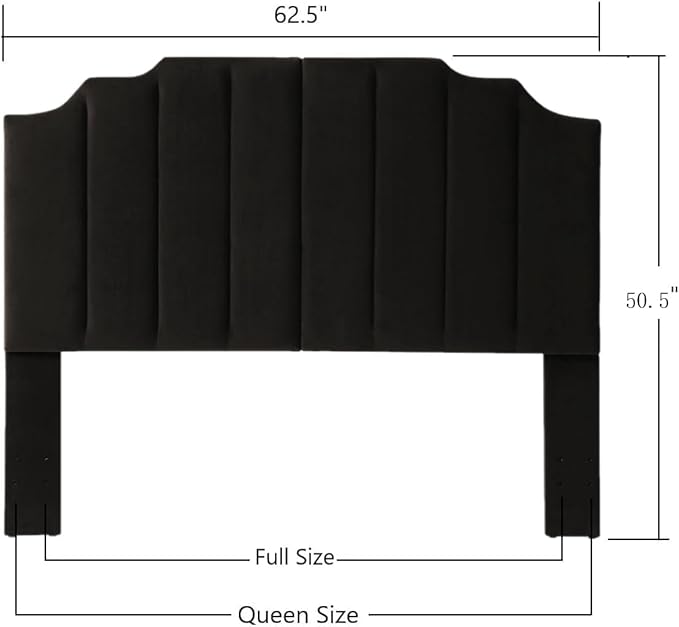 24KF Black Velvet Tufted Queen Upholstered Headboard, Modern Vertical Channel Design California Queen/Full Headboard with Stepped Silhouette Top Edge,Black-CasaMuseHome