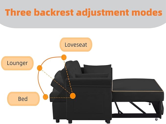 57-Inch Velvet Full Size Sleeper Sofa Couch with Pullout Bed,Convertible Pull Out with Golden Decorative Strip and Adjustable Backrest for Small Spaces,Apartment, Guest Room, RV (Black)-CasaMuseHome