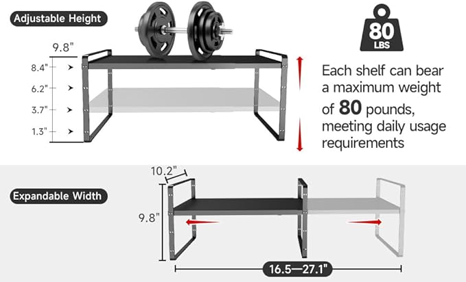 16.5~27.1" Expandable Shelf Organizer, 1Pack 10.2" Wide Stackable Cabinet Shelf Organizers, Black Metal Sturdy Kitchen Counter Storage for Countertop, Adjustable Height Spice Rack-CasaMuseHome
