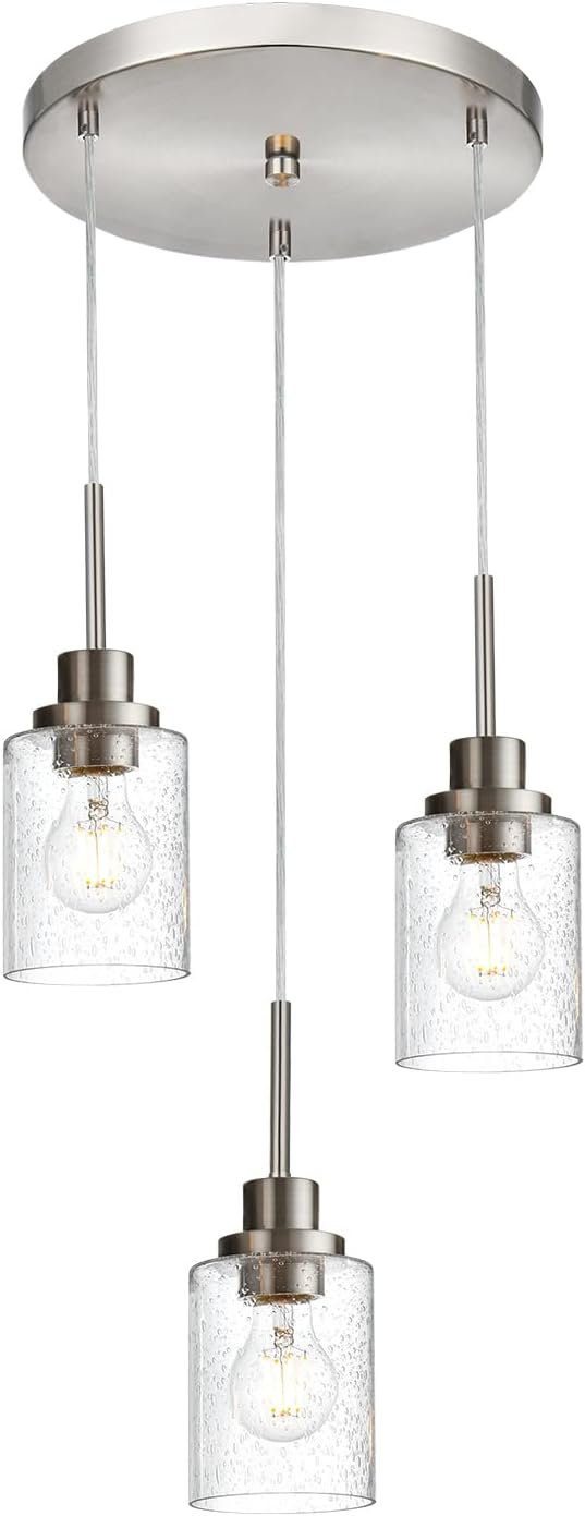 3-Light Contemporary Pendant Lighting with Clear Seeded Glass,Brushed Nickel Dining Room Chandelier Light Fixture Modern Kitchen Island Cluster Hanging Ceiling Pendant Lights for Sink Bar-CasaMuseHome