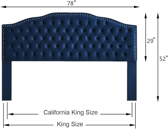 24KF Upholstered Button Tufted King Headboard with Nailhead Trim, Soft Velvet Fabric Headboard King/CA King - Navy-CasaMuseHome