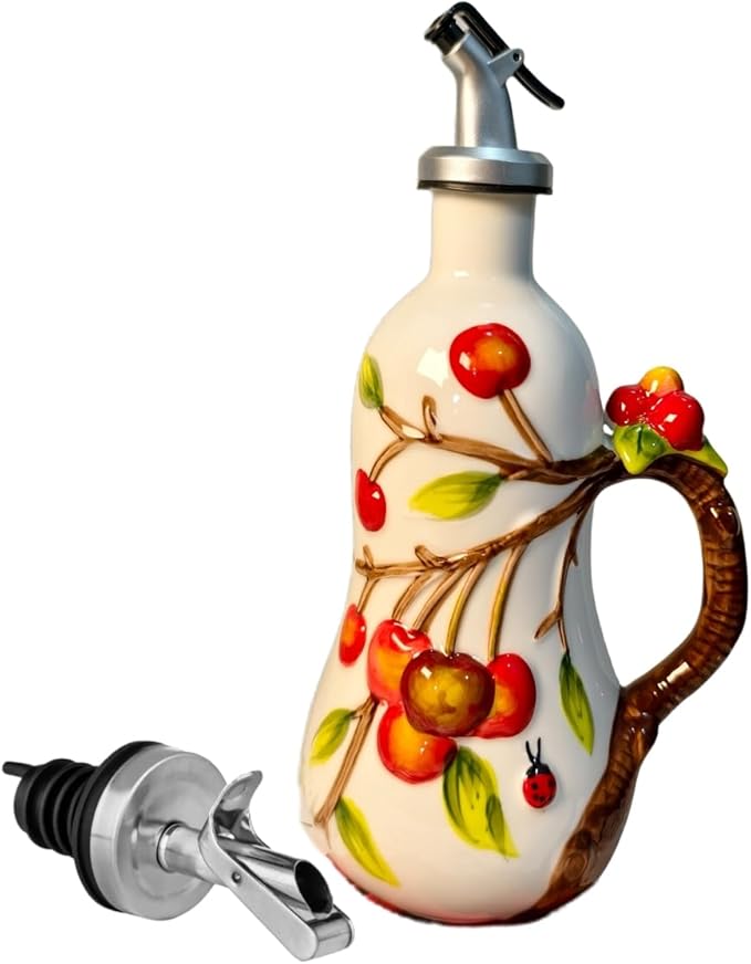 18.26oz/540ml Ceramics Olive Oil Dispenser Bottle,Hand Painted Reliefs Oil Dispenser for Kitchen,Oil Bottles for Kitchen (Cherry)-CasaMuseHome