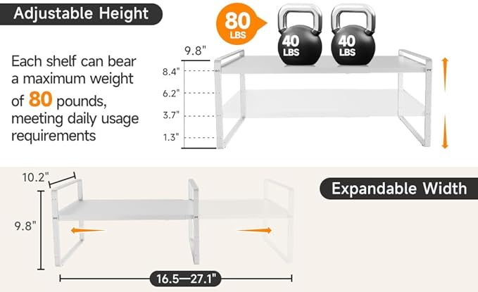 16.5~27.1" Expandable Shelf Organizer, 1Pack 10.2" Wide Stackable Cabinet Shelf Organizers, White Metal Sturdy Kitchen Counter Storage for Countertop, Adjustable Height Spice Rack-CasaMuseHome