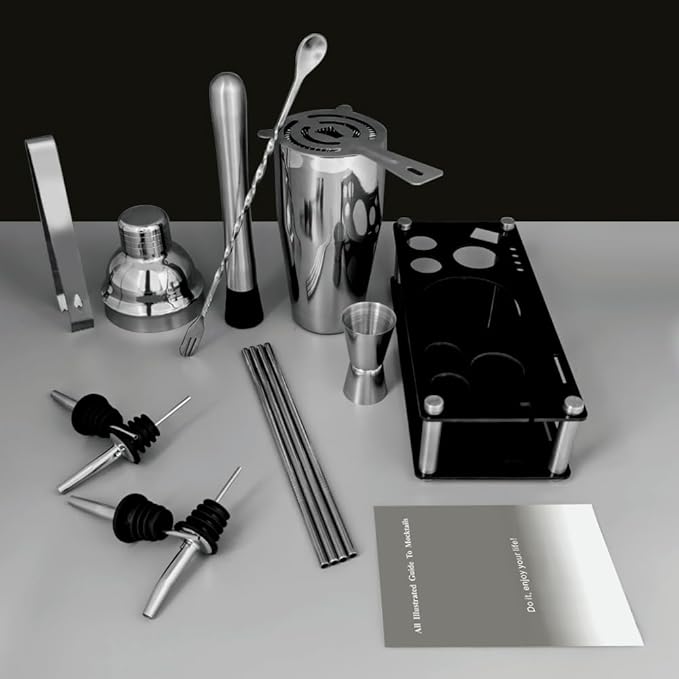 14-Piece Cocktail Shaker Set Bartender Kit with Black Stand, Bar Tool Set for Drink Mixing Bartending Kit Bar Sets Accessories: 750ml(25oz) Shaker, Jigger, Muddler, Cocktail Recipes (Silver)-CasaMuseHome