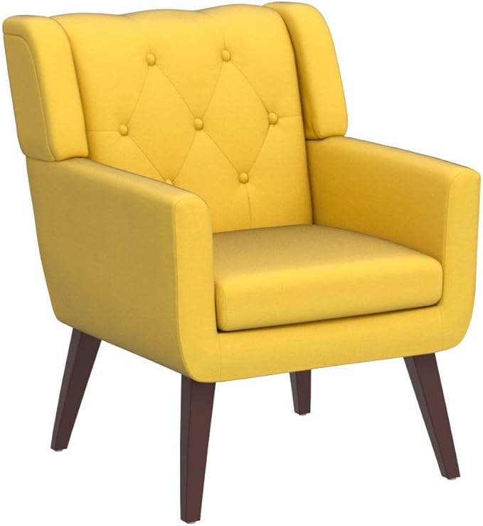 Accent Chair Button-Tufted Upholstered Living Room Chairs Comfy Reading Chair Mid Century Modern Chair with Linen Fabric Lounge Arm Chairs for Living Room Bedroom (Yellow Set of 2)-CasaMuseHome