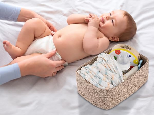 4 Pack Small Storage Shelf Baskets for Organizing, Mini Woven Rope Storage Bins for Towels, Cute Decorative Closet Organizer，Baby Nursery, Gift Empty Baskets -11.81''Lx7.87''Wx4.72''H'-Brown-CasaMuseHome