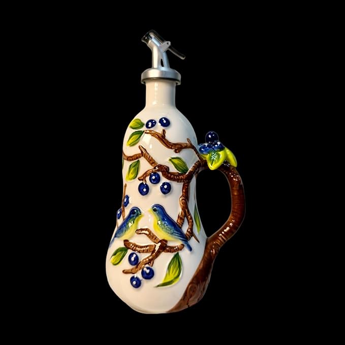 18 Oz Hand Painted Relief Ceramic Olive Oil Bottle Dispenser for Kitchen, Oil and Vinegar Bottle, Seasoning Bottle with Stainless Steel Nozzle, 540mL Oil Container with Handle for Cooking, Light Proof-CasaMuseHome