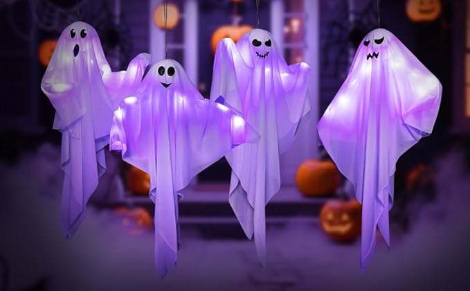 4 Pack Halloween Hanging Ghosts with LED Lights, 27.5 Inch Light Up Ghost Decorations for Indoor Outdoor, Lawn Yard Tree Hanging Halloween Ornaments, Spooky Lighted Party Supplies-CasaMuseHome