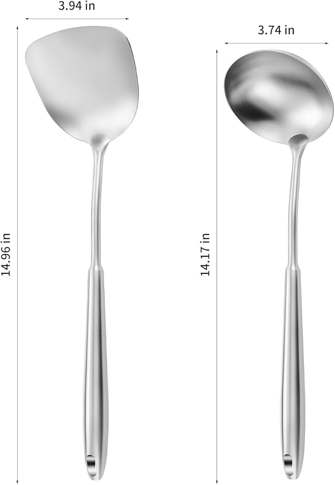 14-15" Wok Spatula and Ladle,2 PCS Wok Tools Set,304 Stainlss Steel Cooking Utensils,Matte Wok Accessories,Solid Wok Utensils-CasaMuseHome