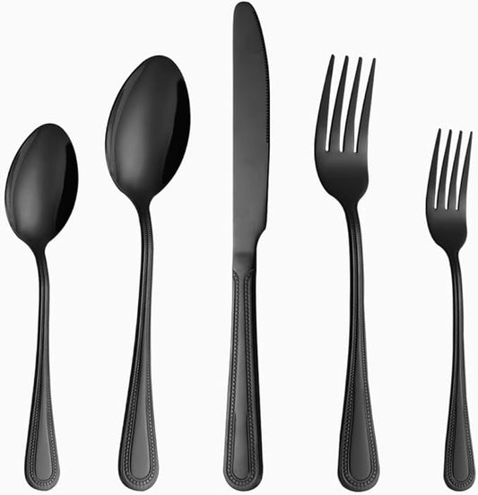 40 Pcs Black Silverware Set for 8 with Pearled Edge Handle design, Food Grade Stainless Steel Flatware Set, Eating Utensils Sets Include Fork/Knife/Spoon, Reusable Cutlery Set, Dishwasher Safe-CasaMuseHome