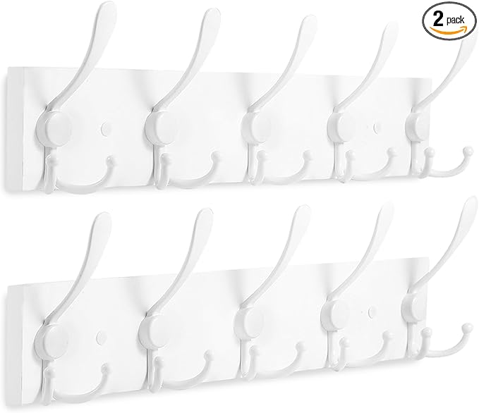 2pcs Coat Rack Wall Mount Coat Hooks Wooden Hat Rack for Wall Hooks Pine Real Wood Plank 16.9" White Coat Hanger with 5 White Triple Hooks for Hanging Coat Hat Jacket-CasaMuseHome