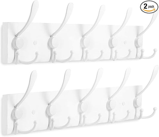 2pcs Coat Rack Wall Mount Coat Hooks Wooden Hat Rack for Wall Hooks Pine Real Wood Plank 16.9" White Coat Hanger with 5 White Triple Hooks for Hanging Coat Hat Jacket-CasaMuseHome