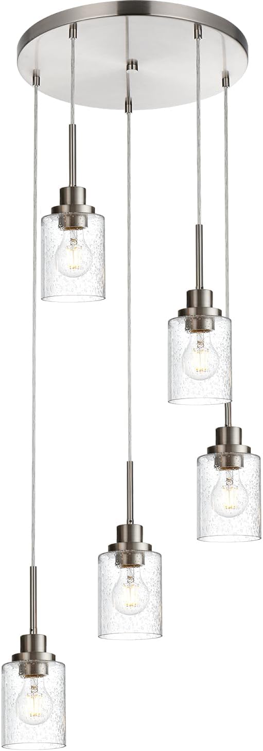 5 Light Farmhouse Pendant Lighting for Kitchen Island,Brushed Nickel Dining Room Cluster Pendant Light Fixtures Hanging Ceiling with Seeded Glass,Modern Pendant Light for Entrance Stairwell-CasaMuseHome