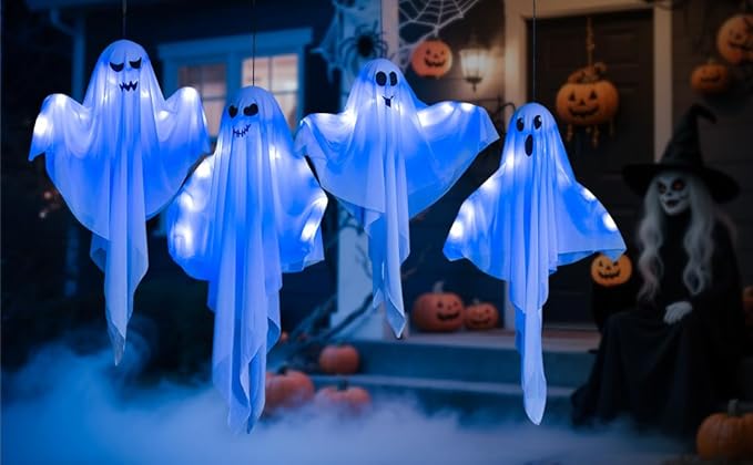 4 Pack Halloween Hanging Ghost Decorations, 27.5" Light Up Spooky Floating Ghosts with LED Glow, Waterproof Outdoor & Indoor Haunted House, Porch, Yard, Garden Party Decor-CasaMuseHome