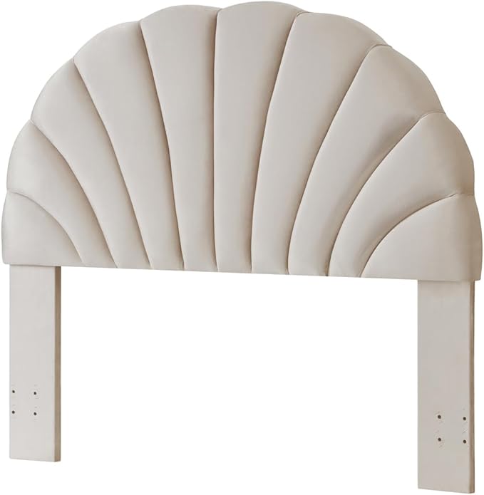 24KF Stunning Crown Design Queen Headboard, Upholstered Soft Velvet Petal Pattern Headboard Queen/Full-Beige-CasaMuseHome