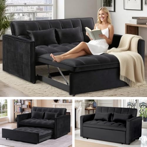 3 in 1 Convertible Sleeper Sofa Bed, Couch with Pull Out Bed with Side Pocket, Convertible Love Seat Sleepers Couch for Living Room, Bedroom, Black-CasaMuseHome