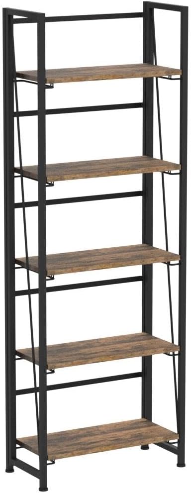 4NM No Assembly Foldable Bookshelf, 5-Shelf Collapsible Bookcase Storage for Small Spaces, 62.2" H, Rustic Brown and Black-CasaMuseHome