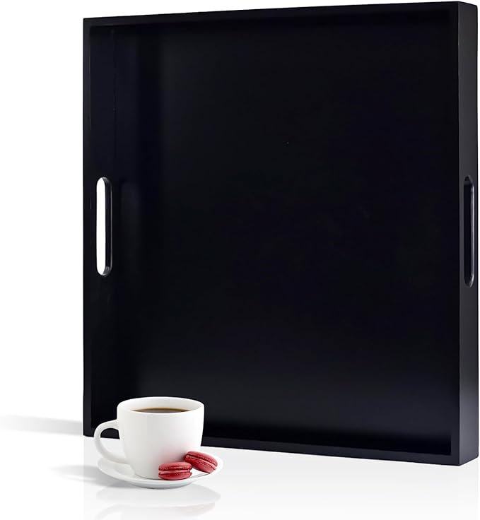 20 Inches Square Wooden Ottoman Tray Black, Large Wood Serving Tray with Handles for Living Room, Serving Food Breakfast, Ottoman Coffee Table Couch Sofa Kitchen-CasaMuseHome