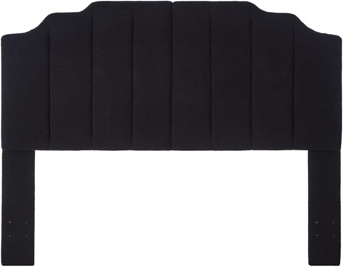 24KF Black Teddy Fabric Tufted for Queen Upholstered Headboard, Modern Vertical Channel Design Full Headboard with Stepped Silhouette Top Edge, 6026-Q-Teddy Black-CasaMuseHome