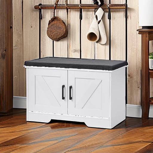 2-Tier Storage Bench, Shoe Bench with Padded Seat Cushion, Entryway Bench with 2 Barn Doors, Adjustable Shelf, 13.8" D x 27.6" W x 17.7" H, for Entryway, Living Room, Bedroom, White-CasaMuseHome