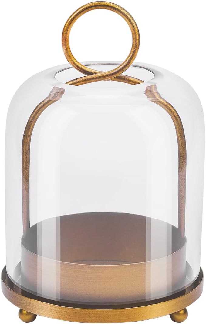 5"x7.5" Versatile Modern Metal Hurricane Lantern with Handmade Sturdy Glass Dome for 3" Pillar Candle & Plants (Brass, 5"x7.5" for 3" Pillar)-CasaMuseHome
