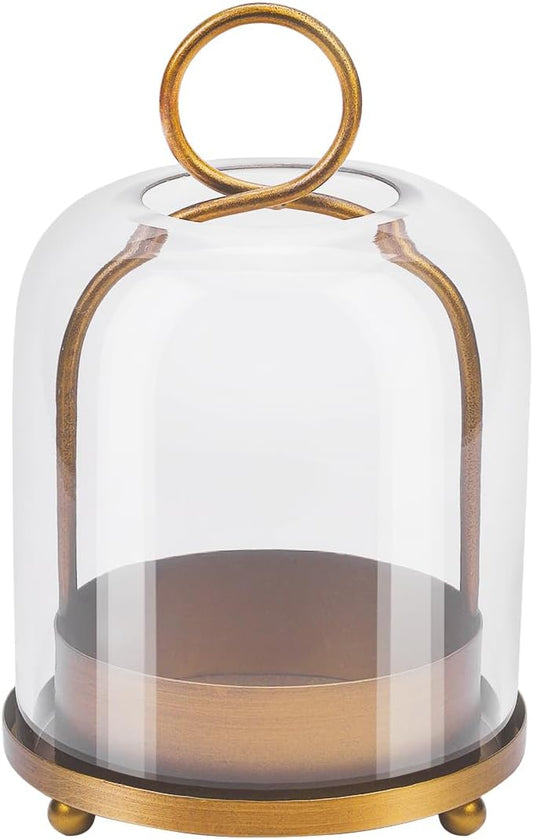 5"x7.5" Versatile Modern Metal Hurricane Lantern with Handmade Sturdy Glass Dome for 3" Pillar Candle & Plants (Brass, 5"x7.5" for 3" Pillar)-CasaMuseHome