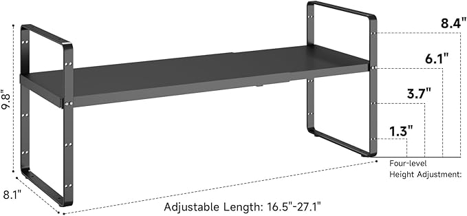 16.5~27.1" Expandable Shelf Organizer, 1Pack 8.1" Wide Stackable Cabinet Shelf Organizers, Black Metal Sturdy Kitchen Counter Storage for Countertop, Adjustable Height Spice Rack-CasaMuseHome