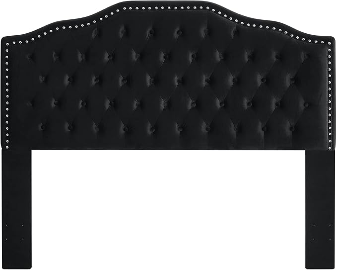 24KF Upholstered Button Tufted Queen Size Full Size Headboard with Nailhead Trim, Soft Velvet Fabric Headboard Queen/Full Size Headboad-Black-CasaMuseHome