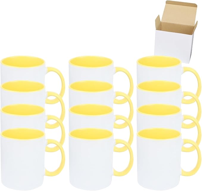 11oz White Ceramic Sublimation Coffee Mug in White Gift Box, Yellow, Case of 12-CasaMuseHome
