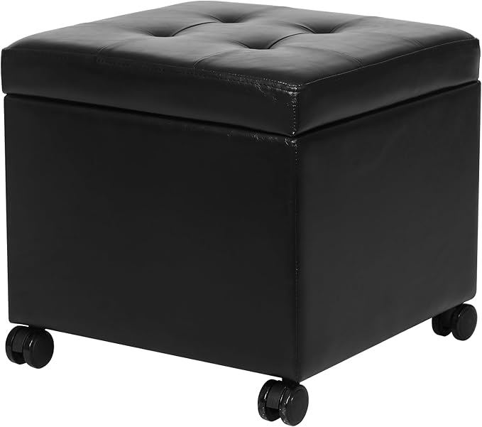 Adeco 17.7" Leather Ottoman with Wheels, Black Square Rolling Ottoman with Storage, Upholstered Button Tufted Vanity Stool with Hinged Lid for Living Room, Bedroom, Dorm-CasaMuseHome